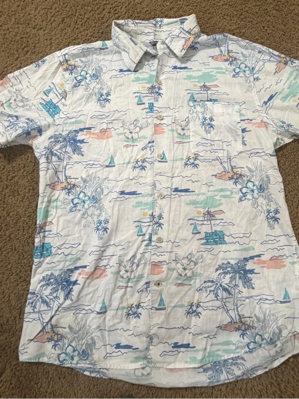Izod Men's Light Blue Tropical-Print Short-Sleeve Button-Down Shirt Size XL - Picture 3 of 10